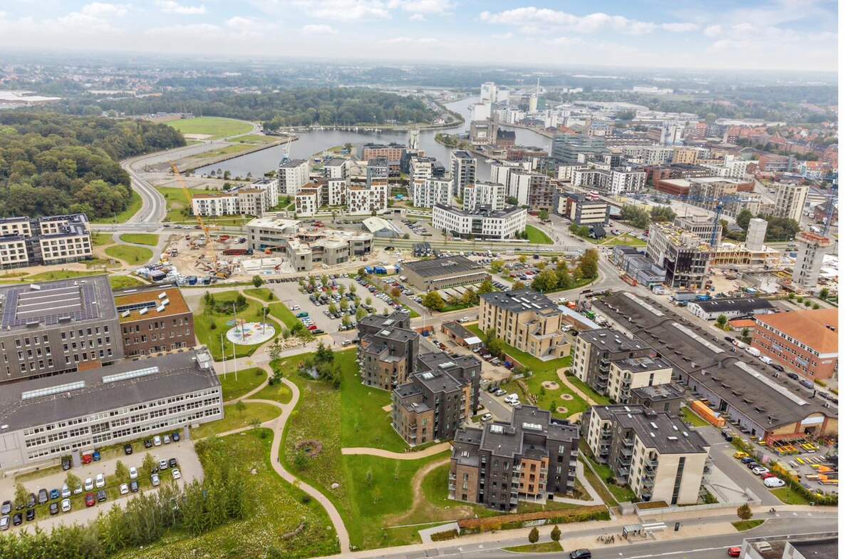 Luftfoto af havnekvarteret og bygningerne